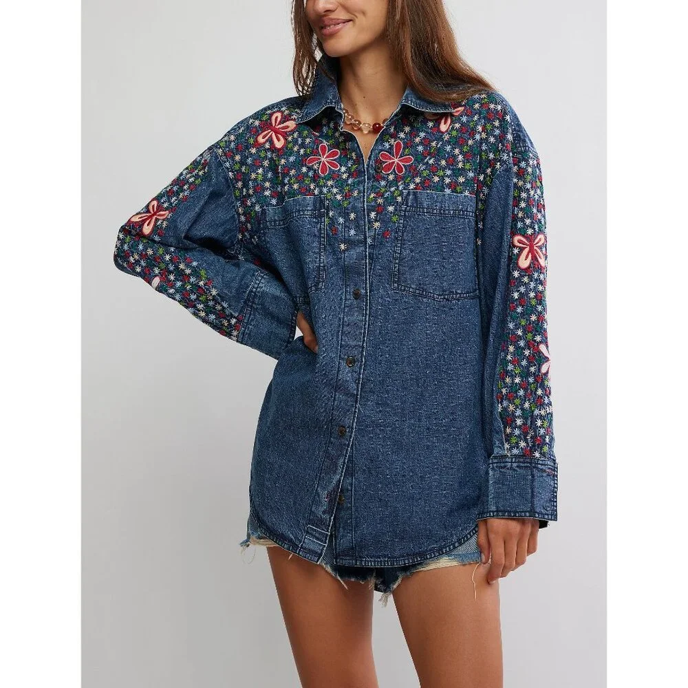 FREE PEOPLE Rainbow Embroidered Denim Shirt / Rinse Wash - Picture 4 of 6